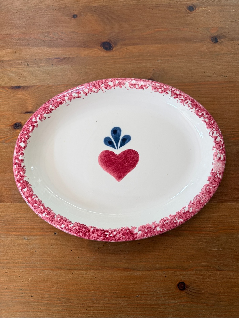 Chaparral White Red Vintage Pottery Sponge Painted Heart Platter Ceramic Signed